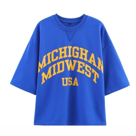 Women Casual Sports Cotton And Polyester Michigan Letter Print Short Sleeve Top And Drawstring Shorts Royal Blue Streetwear