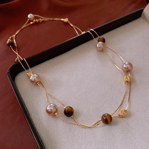 Collana Lunga A Catena Per Maglione Lega Di Rame Con Perla Artificial Imitazione Rosa E Occhio Di Tigre Artificiale Doppio Strato Retro Lusso Per Donna