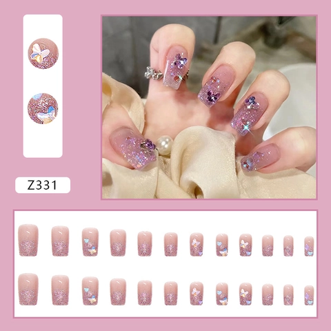 Aurora Butterfly Press On Nails Pink Purple Gradient Glitter 3D Resin Charms Medium Square Full Cover Manicure