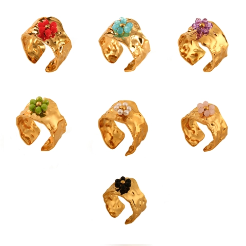18K Gold Plated Stainless Steel Hammered Open Ring With Colorful Flower Rhinestone Adjustable Bead Ring For Women Fashion Jewelry
