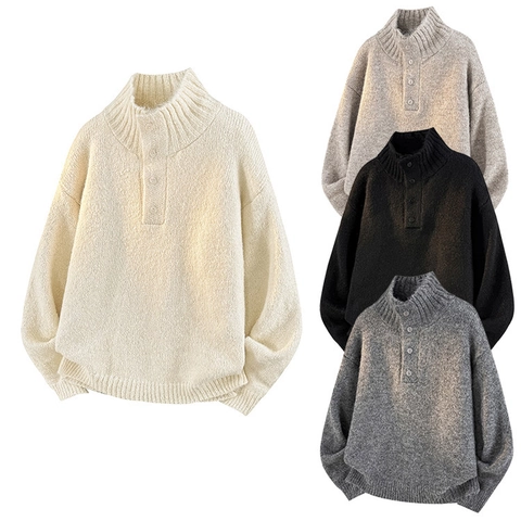 Men Pullover Sweater Half High Collar Button Knit Loose Fit Casual Winter Warm Polyester Blend Solid Color Top