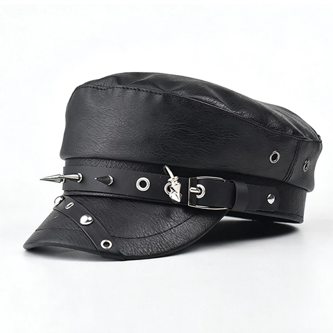 Cappello Militare In Pelle PU Punk Con Borchie E Punte Metalliche Rock Biker Moda Nero
