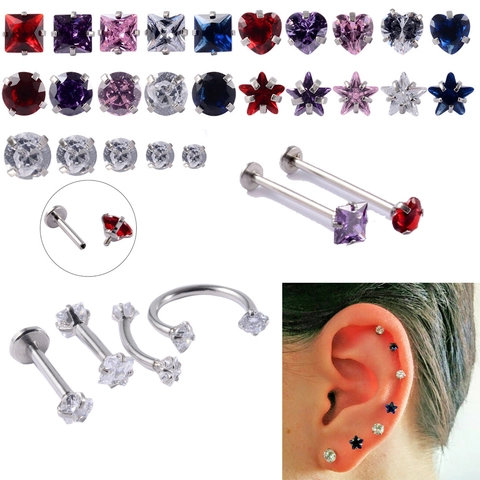 Stainless Steel Labret Stud Tops Internally Threaded Zirconia Earring Heads Heart Star Shape Cartilage Piercing Jewelry