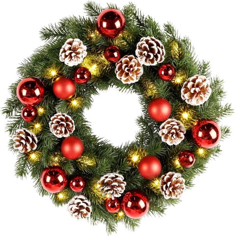 Christmas Wreath With LED Lights Artificial Pine Garlands For Front Door Hanging Ornaments Pine Cones Red Balls Xmas Party Decorations