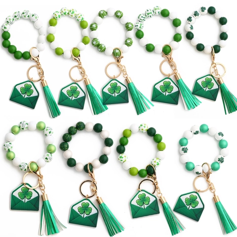 St Patrick's Day Beaded Keychain Wristlet With Shamrock Envelope Charm And Tassel Wood Silicone Beads Lucky Accessory