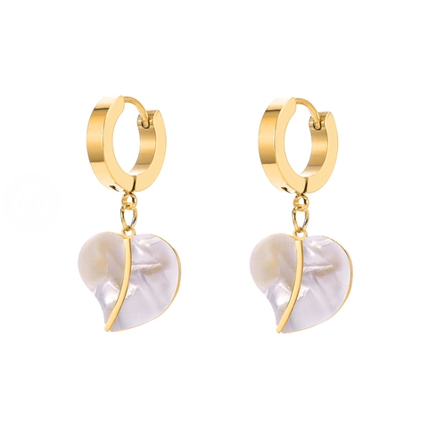 Heart Shape Mother Of Artificial Pearl Shell Hoop Earrings For Women Titanium Steel Leaf Design Retro Bead Chain Style Minimalist