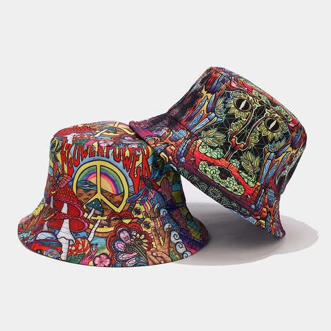 Vissershoed Katoen Polyester Omkeerbaar Zonbescherming Retro Vintage Graffiti Hippie Print Unisex