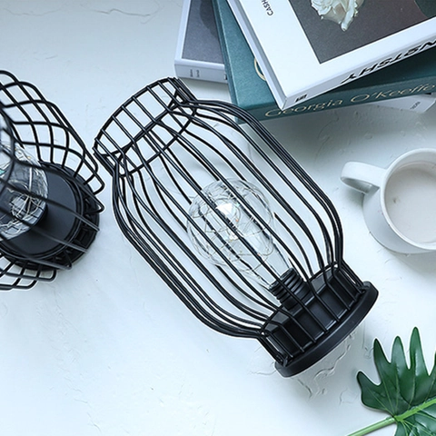 Iron Art Led Night Light Lantern Shape Metal Cage Desk Lamp Battery Powered Nordic Decorative Atmosphere Table Lamp