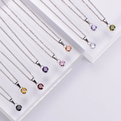 Collana Con Zircone Rotondo E Orecchini A Perno Acciaio Inossidabile 316L Gioielli Stile Francese Semplice Elegante Donna