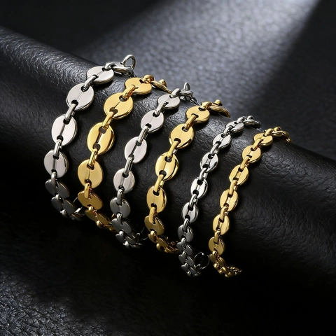 Stainless Steel Jewelry Coffee Bean Pig Nose Link Chain Necklace And Bracelet Hip Hop Rock Punk For Men Women