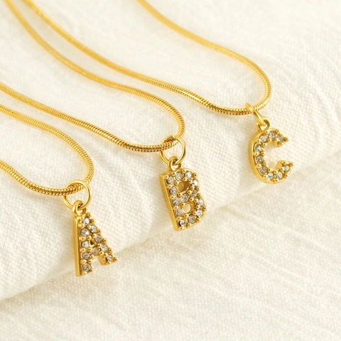Fashion 18K Gold Plated Stainless Steel Initial Letter Pendant Necklace Rhinestone Inlaid Snake Chain Jewelry For Women