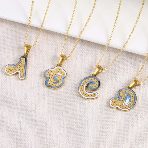 Pendente Lettera Iniziale Acciaio Inossidabile Placcato Oro Smalto Blu Bianco Gioielli Di Moda Minimalisti DIY