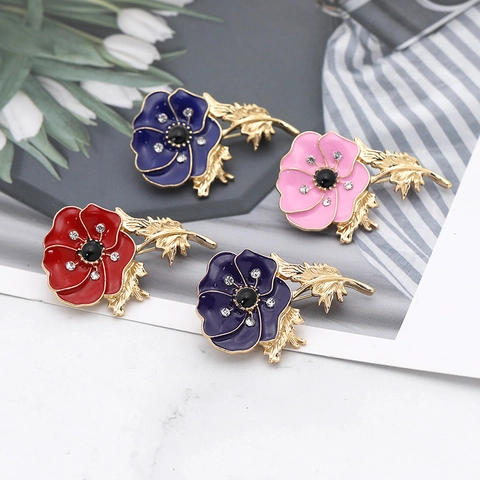 Broche de Amapola de Aleación Esmaltada Vintage con Strass Alfiler Conmemorativo para Ropa Mochila Lest We Forget Joyería