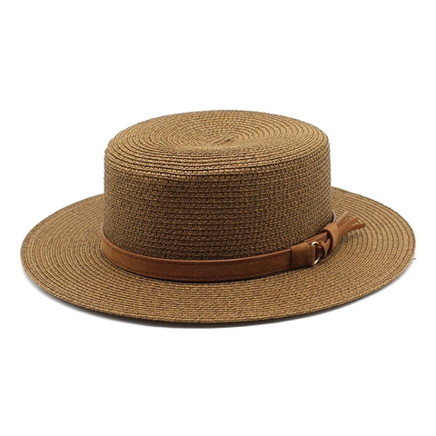 Cappello Boater Vintage Paglia Intrecciata Corona Piatta Tesa Larga Protezione Solare Spiaggia Estate Con Cintura Nappa