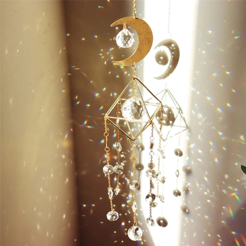 Crystal Suncatcher Hanging Ornament With White Crystal And Gold Metal Moon Star Geometric Prism Rainbow Maker For Window