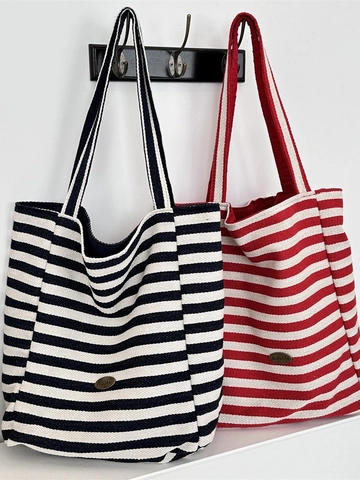 Sac Cabas En Toile Rayée Grande Capacité Sac À Main Décontracté Avec Décoration Noeud En Dentelle Pour Femmes