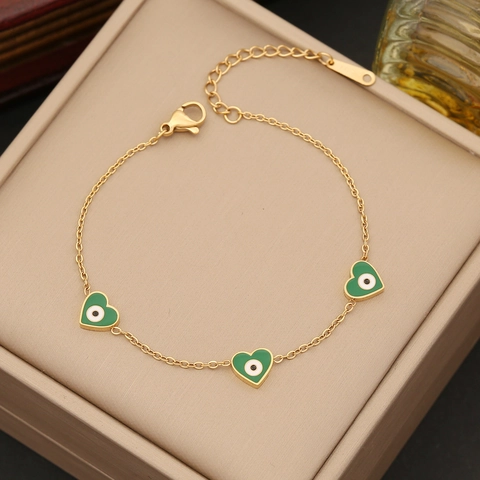 Pulsera De Corazón Mal De Ojo Acero Inoxidable Esmalte Goteo Aceite Chapado Oro Cadena Ajustable Joyería Mujer