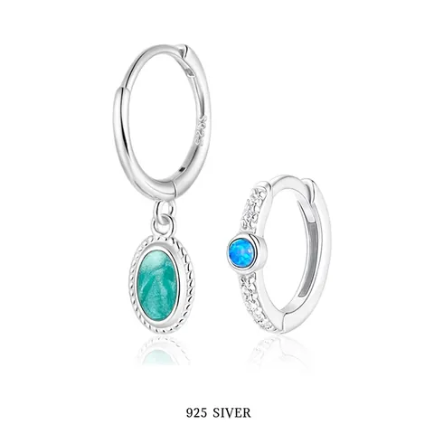Orecchini In Argento Sterling 925 Asimmetrici Smalto Pietra Texture Turchese Opale Sintetico Zircone Lusso Per Donne
