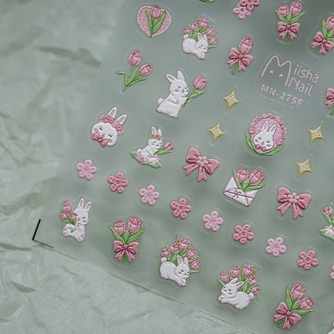 Autocollants À Ongles En Relief 3D Lapin Dessin Animé Tulipe Fleur PET Auto-Adhésif Manucure Décoration Art Mignon Mat Relief