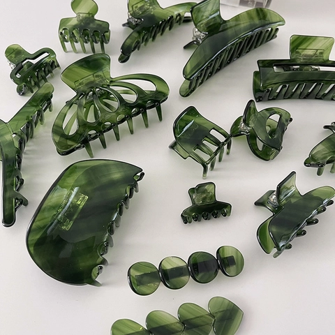 Vintage Dark Green Acetate Hair Claw Clips Marble Pattern Non-Slip Shark Hairpin For Women Elegant French Style Headwear