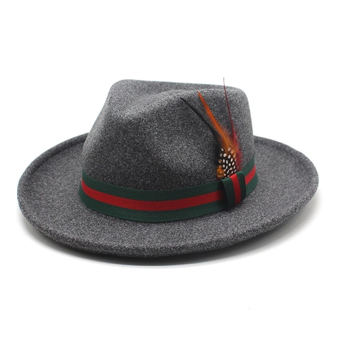Vintage Woolen Fedora Hat Wide Brim Striped Band Feather Retro British Style Gentleman Jazz Cap For Men Women