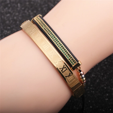 Römische Ziffern Armreif Geflochtenes Armband Edelstahl Kupfer Grüner Zirkon Verstellbarer Luxusschmuck Für Herren Und Damen