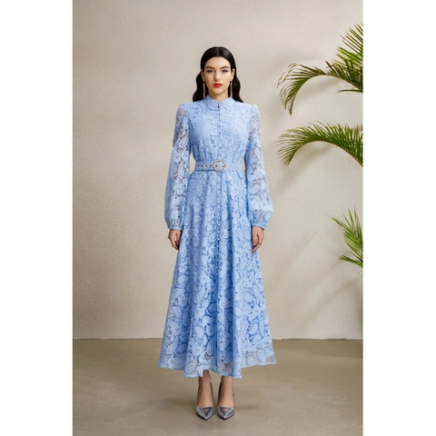 Elegant Embroidered Lantern Sleeve Maxi Dress For Women Stand Collar Single Breasted Crochet Lace Up Long Dress Banquet Party