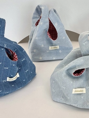 Petit Sac À Main En Denim Sac De Poignet Fourre-Tout Avec Nœud Motif Étoile Doublure À Carreaux Rouges Pochette Femmes