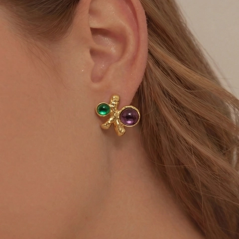 Retro Irregular Geometric Stainless Steel Gold Plated Earrings With Purple And Green Gemstones Hammered Texture Niche For Women