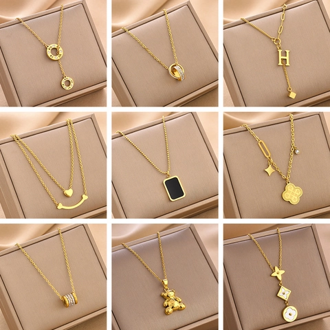 Titanium Steel Necklace For Women 18K Gold Plated Non-Fading Elegant Geometric Butterfly Heart Pendant Fashion Jewelry