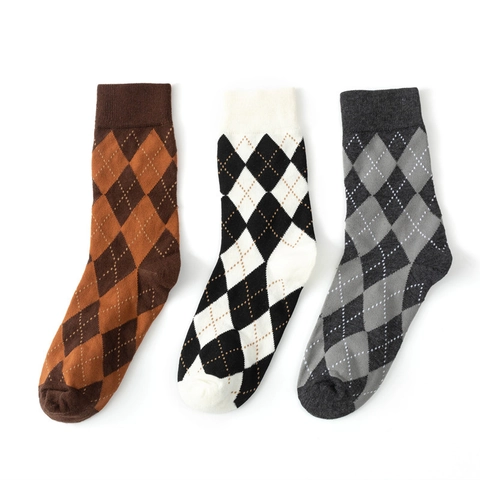 Argyle Strick Mittellange Socken Baumwollmischung Vintage Geometrisches Muster Warme Weiche Crew Socken Unisex