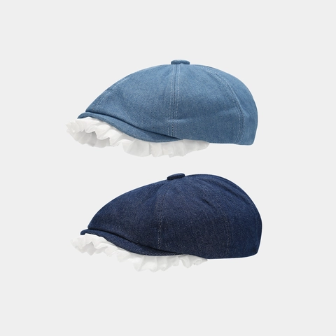 Women Denim Newsboy Cap With White Lace Ruffle Edge Retro Sweet Cotton Beret Hat For Sun Protection