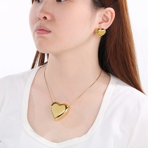 Collana E Orecchini Cuore Placcato Oro 18K Acciaio Inossidabile Ciondolo Cavo Catena Box Gioielli Moda Tendenza