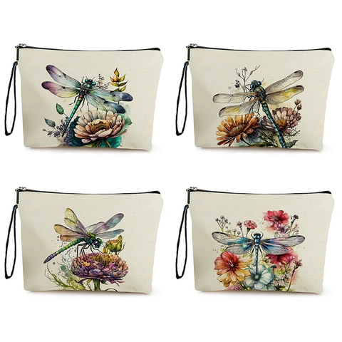 Trousse Per Trucco In Lino Con Stampa Libellula E Fiori Con Cerniera E Cinturino Da Polso Astuccio Per Cosmetici Acquerello Artistico