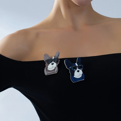 Cute Cartoon Acrylic Dog Brooch Pin Sunglasses French Bulldog Animal Brooch For Women Men Fashion Lapel Pin Jewelry Gift