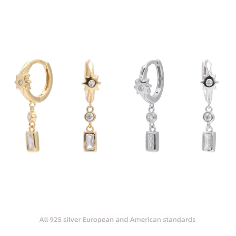 Pendientes de Aro de Plata de Ley S925 Con Colgante de Circonia Cuadrada Geométrica Joyería Micro Incrustada para Mujer