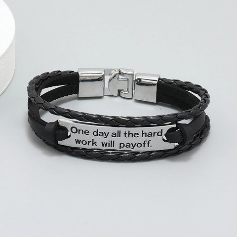 Herren Mehrlagiges Armband Geflochtenes PU-Leder Mit Gravierter Inspirierender Metallplatte Lässiger Modeschmuck