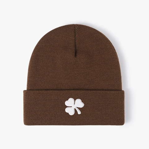 Knit Beanie Hat Acrylic Embroidered Clover Ribbed Cuff Warm Autumn Winter Casual Unisex Versatile Stretchy Skull Cap