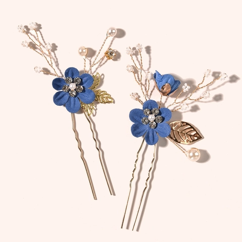 Handmade Fabric Flower Wedding Hair Pins For Brides Alloy Gold Leaf Faux Artificial Pearl Rhinestone U-Shaped Hair Sticks Women Jewelry