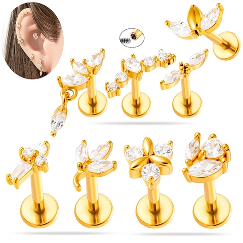 Roestvrij Stalen Labret Stud Interne Schroefdraad Marquise Zirkonia Kraakbeen Oorbel Platte Achterkant Lichaampiercing Sieraden Voor Dames