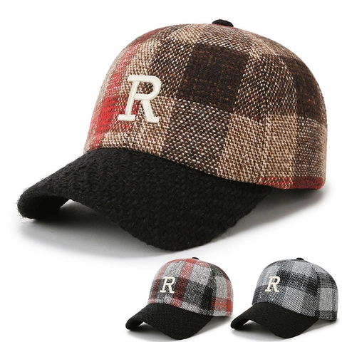 Cappello Da Baseball In Lana A Quadri Retrò Ricamo Lettera R Tesa Curva Caldo Cappello Regolabile Autunno Inverno