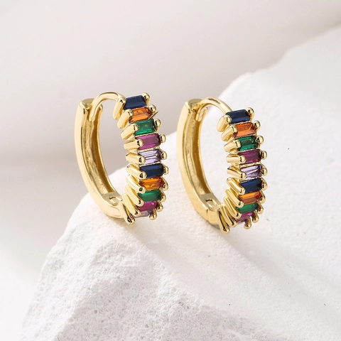 Fashion Huggie Hoop Earrings Copper 18K Gold Plated Rectangle Zirconia Retro Style Jewelry For Women