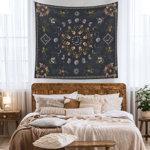 Bohemian Tapestry Wall Hanging Polyester Mystical Moon Phase Sun Star Wildflower Mushroom For Bedroom Home Decor