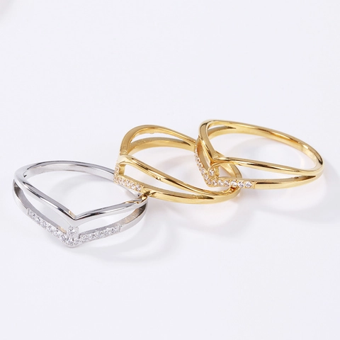V Shaped Double Layer Ring Titanium Steel Micro Pave Cubic Zirconia Geometric Fashion Jewelry For Women Elegant