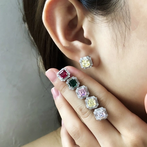 Luxury 925 Sterling Silver Square Stud Earrings Asscher Cut Rhinestone Geometric Halo Earrings For Women Fashion Jewelry