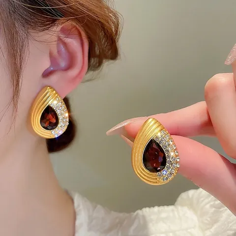 Collier Et Boucles D'oreilles Goutte D'eau En Alliage Strass Avec Tige En Argent Bijoux Zircon Rouge Vintage Pour Femmes