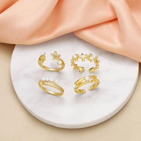 Anello Aperto Regolabile In Rame Placcato Oro Con Perla Artificial Zircone Fiore Gioielli Eleganti Per Donna
