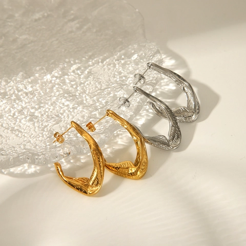 Irregular Geometric C Shape Hoop Earrings Stainless Steel Hammered Molten Texture Studs Minimalist Tarnish Free Jewelry Women
