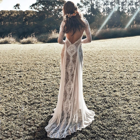 Women Elegant Lace Maxi Dress Long Sleeve Hollow Out Backless White Black Floor Length Evening Party Wedding Dress