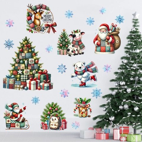 Christmas Wall Stickers PVC Waterproof Cartoon Santa Claus Reindeer Tree Decals For Home Holiday Window Decor